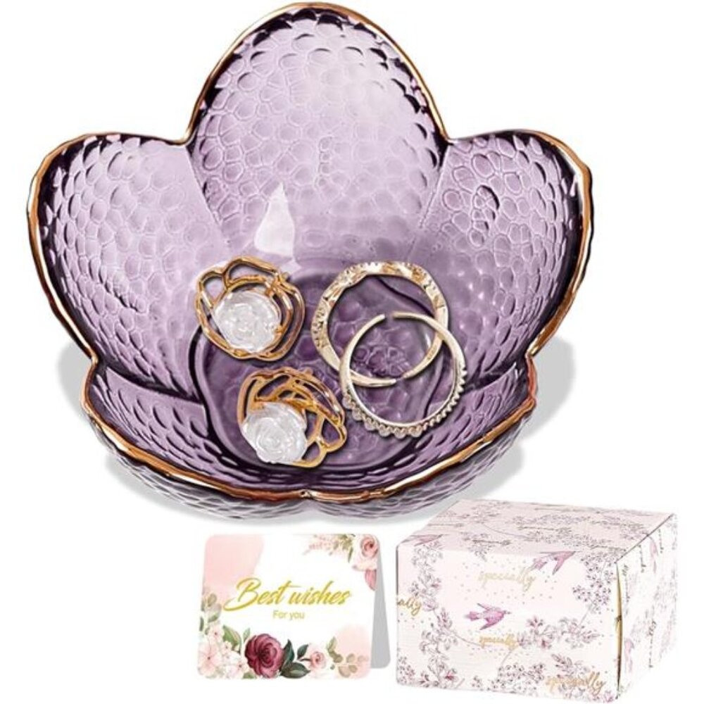 Purple Flower Jewelry Dish Glass Ring Holder Valentines Day Gift